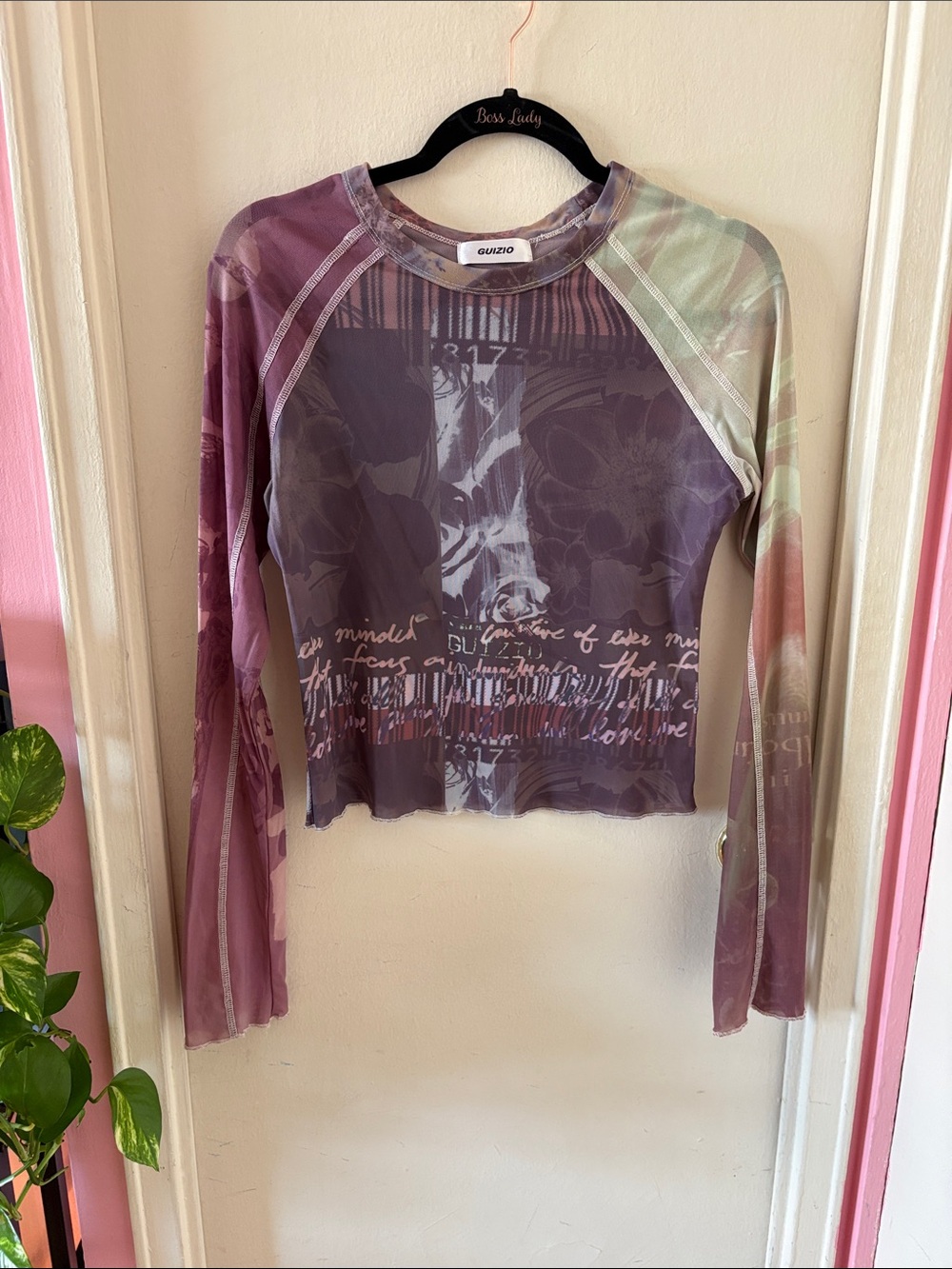 Danielle Guizio Colorful Graphic Mesh Long Sleeve Top